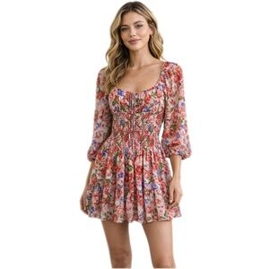 Forever 21 Smocked Mini Dress NWT Pink Floral 3/4 Puffy Sleeves Size Small